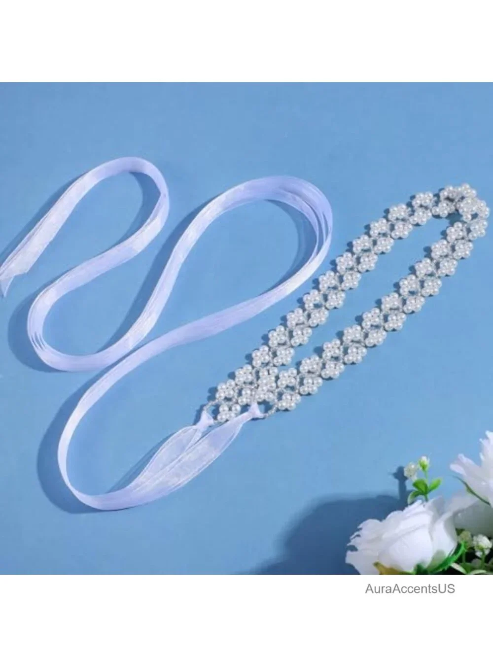 Faux Pearl & Crystal Bridal Wedding Belt Sash Organza Ribbon